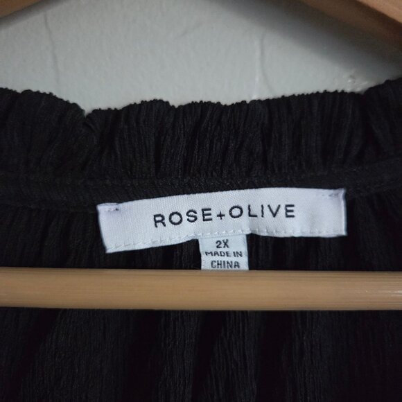 Rose + Olive Crinkle Puff Sleeve Tassel Tie Blouse V-Neck Black 2X Office Career - Picture 2 of 10